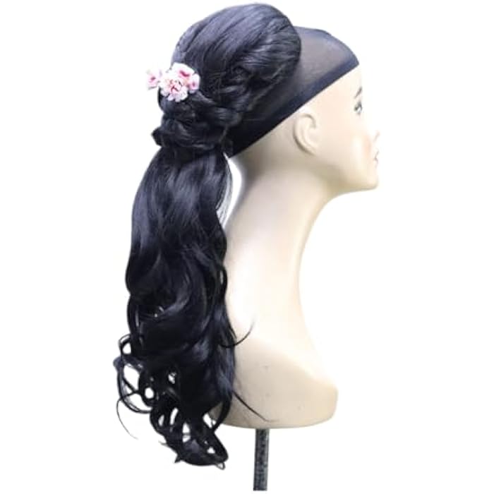 DILLARDS Elegant Black Synthetic Wig With Braided Crown, Long Wavy Style, Floral Hair Accessory, Cosplay Costume Party Wig - Image 4